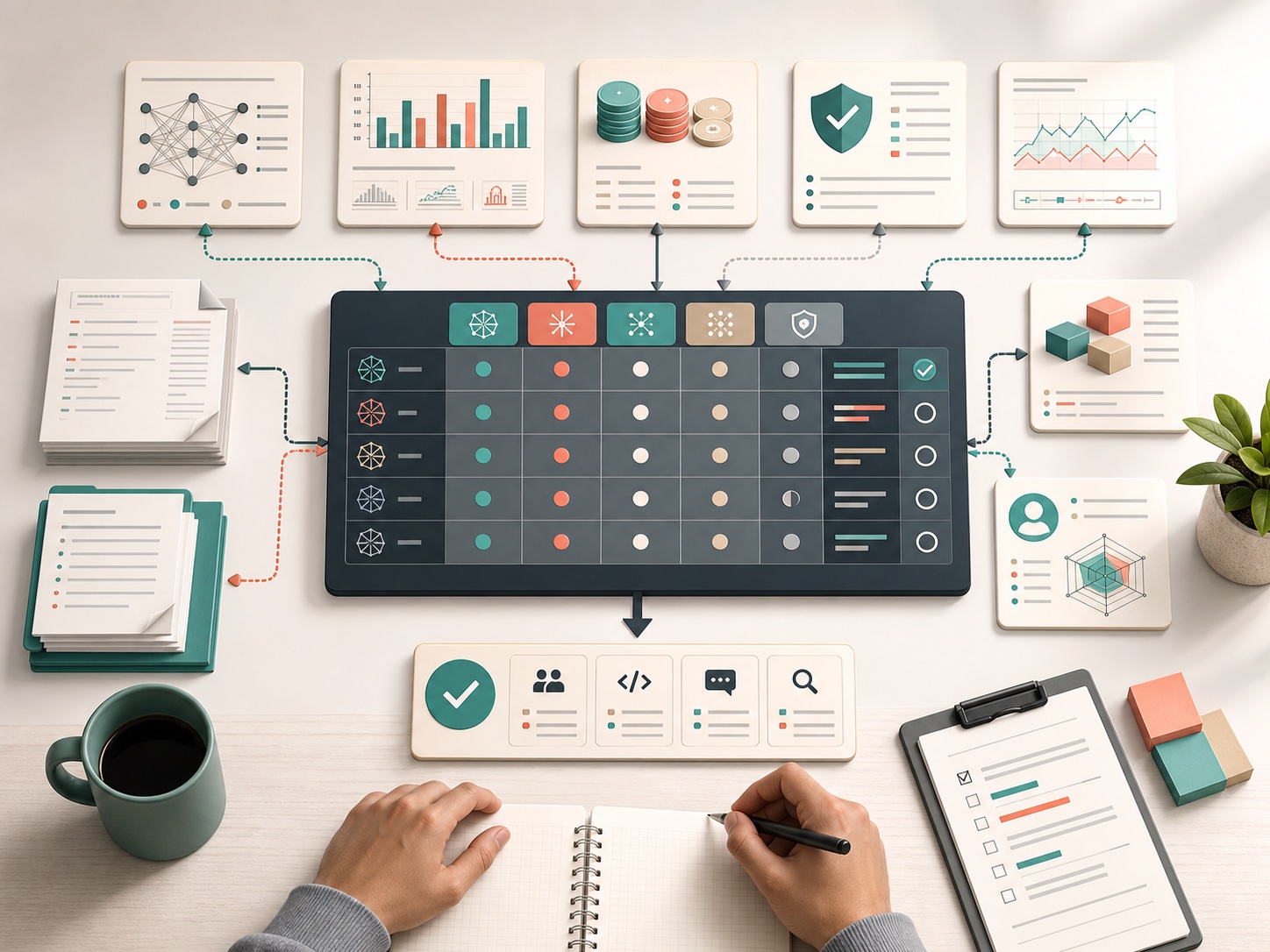 AI model evaluation workflow with benchmark, pricing, safety, and latency signals