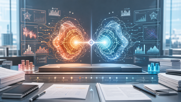 Abstract split comparison of two frontier AI models for Claude Fable 5 vs GPT 5.5