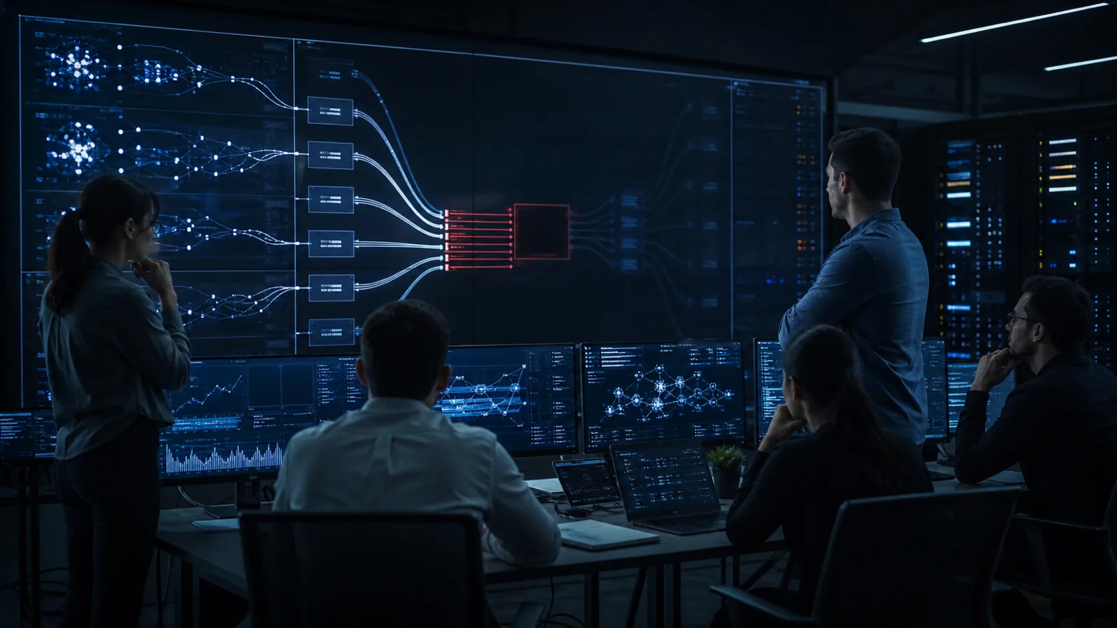 AI-generated startup team watching a closed AI API connection fail on a dark operations dashboard