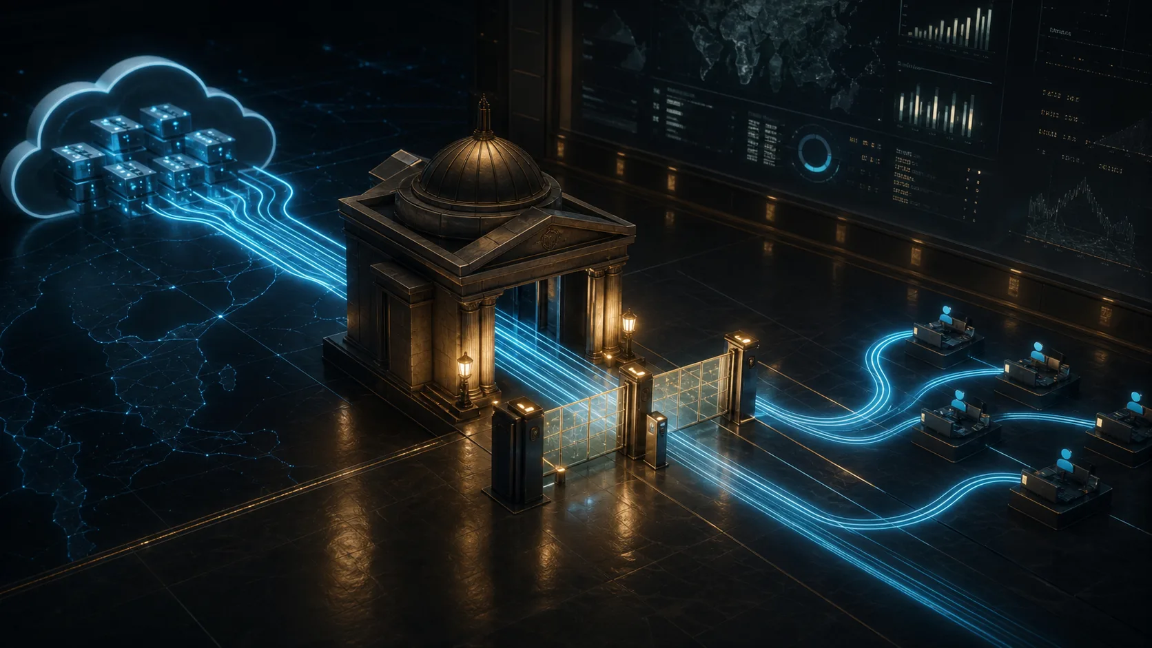Cloud and API access routes passing through a government licensing checkpoint