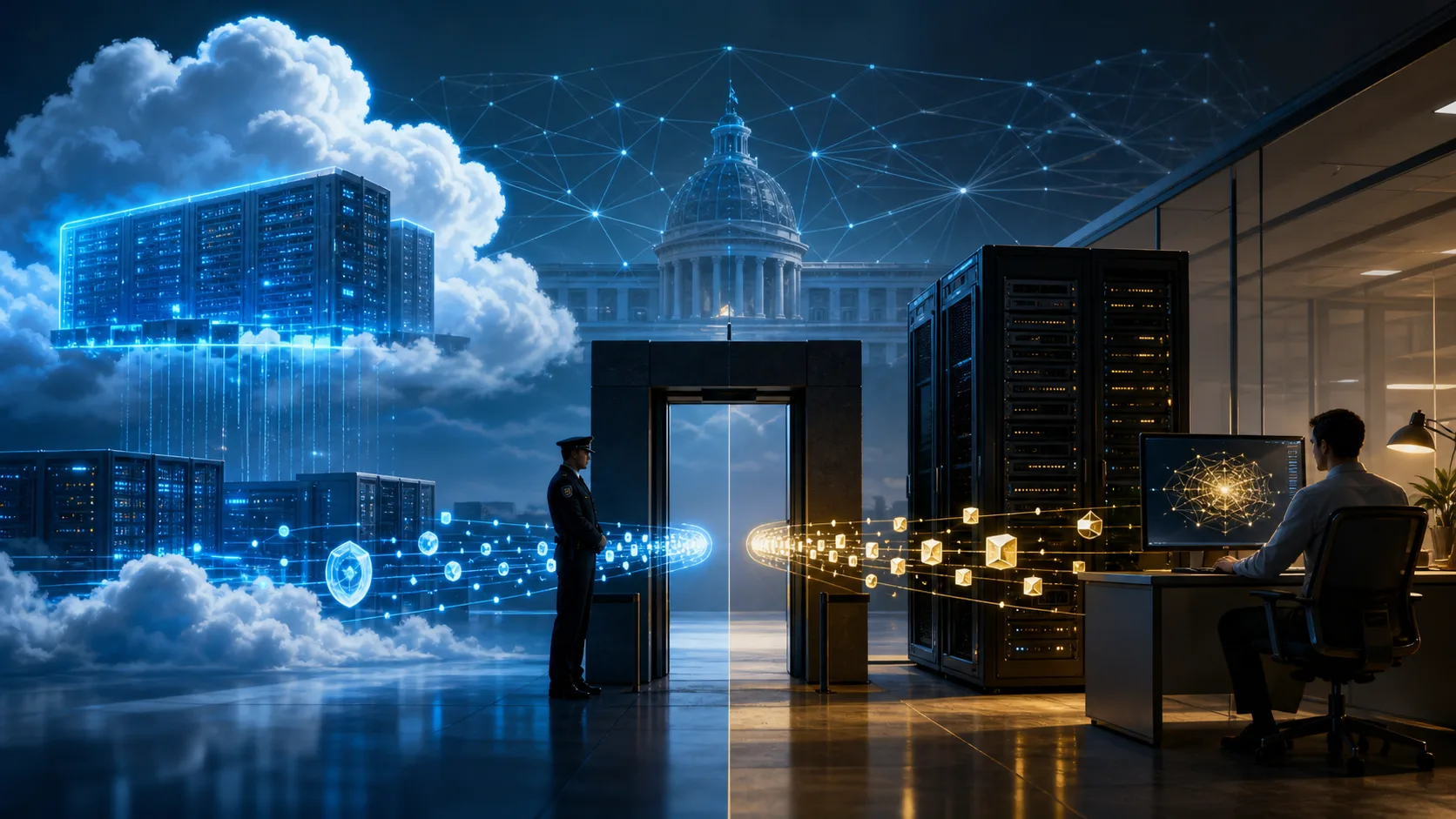 Cloud AI access checkpoint contrasted with local AI deployment on private infrastructure