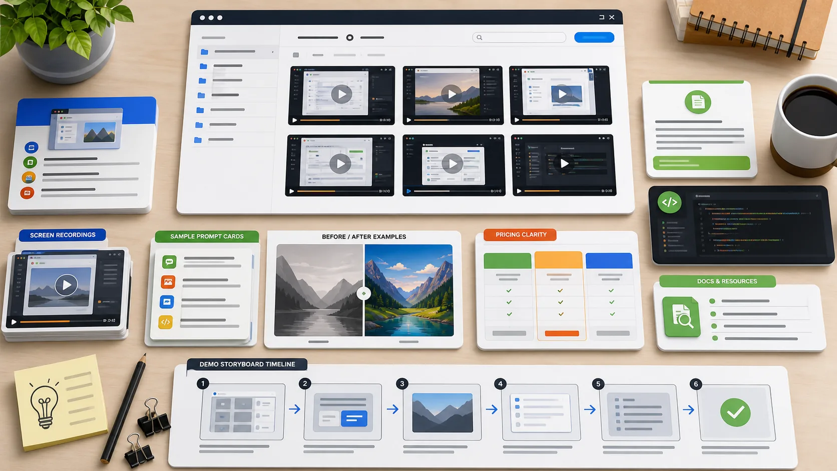 Creator-friendly AI launch kit with screen recordings, sample prompt cards, before and after examples, pricing cards, docs, and a storyboard timeline.
