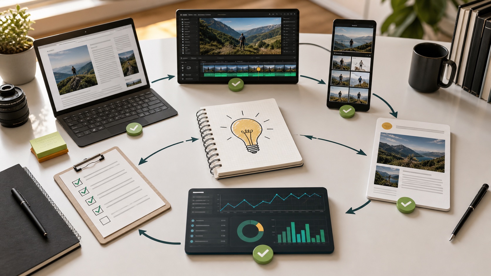 Editorial image showing a creator workflow loop turning one idea into article, video, short, newsletter, and analytics review.