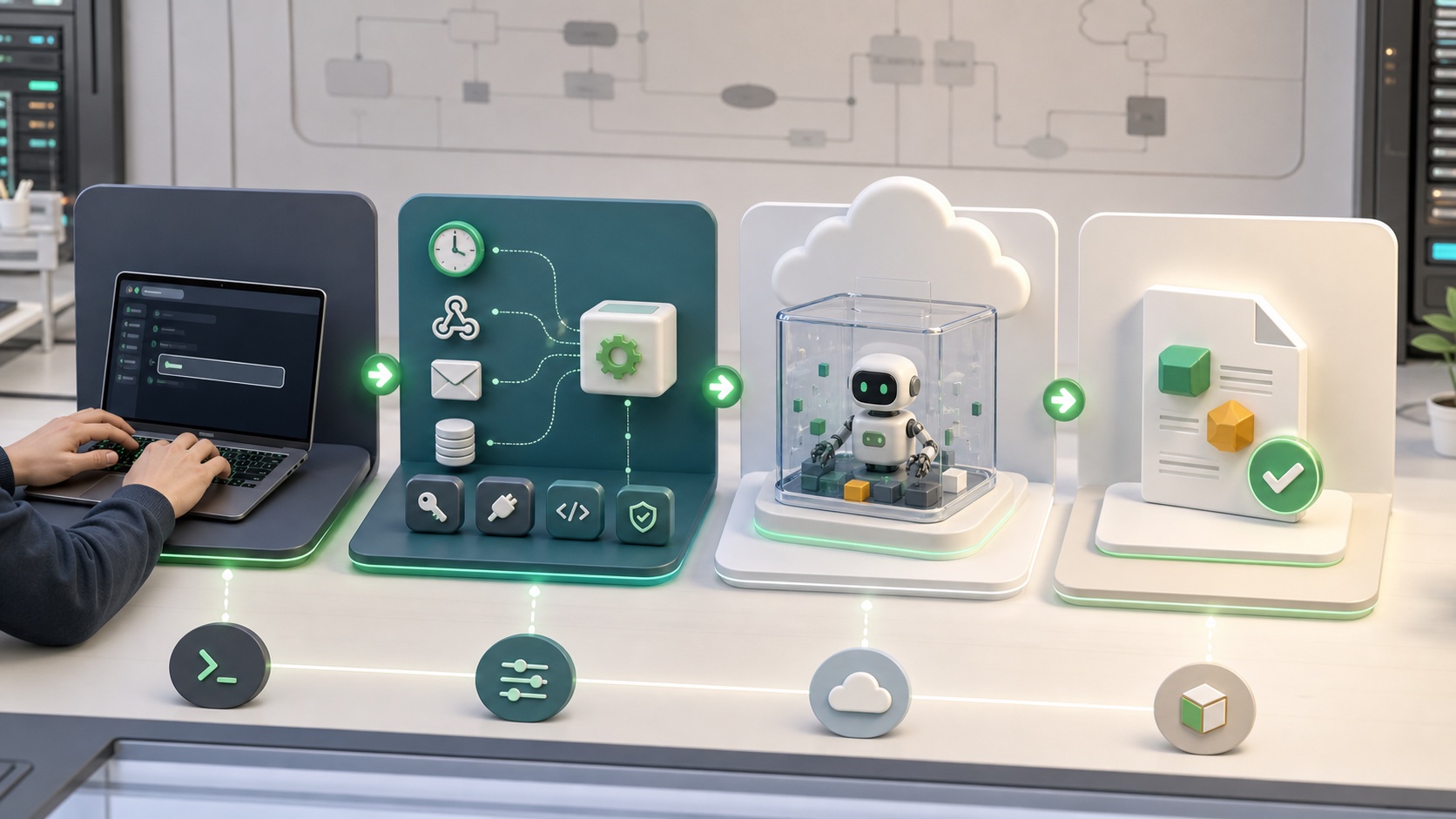 AI generated workflow image showing a local prompt becoming triggers, tools, cloud agent work, and reviewed output
