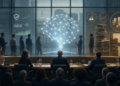 AI policy hearing room with safety dashboards, a luminous model, and a startup doorway blocked by paperwork.