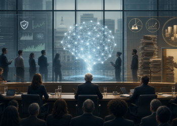 AI policy hearing room with safety dashboards, a luminous model, and a startup doorway blocked by paperwork.