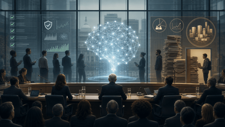 AI policy hearing room with safety dashboards, a luminous model, and a startup doorway blocked by paperwork.