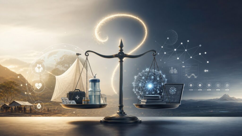 Editorial illustration of a balance scale weighing global health aid against AI safety and future risk symbols for an Effective Altruism article