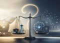 Editorial illustration of a balance scale weighing global health aid against AI safety and future risk symbols for an Effective Altruism article