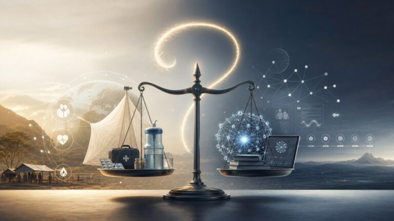 Editorial illustration of a balance scale weighing global health aid against AI safety and future risk symbols for an Effective Altruism article