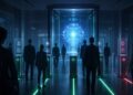 Futuristic AI access gate screening people by identity and authorization before a glowing model