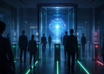 Futuristic AI access gate screening people by identity and authorization before a glowing model