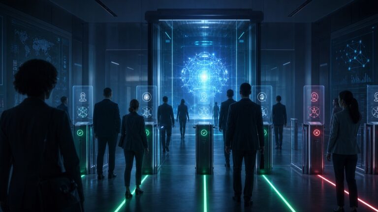 Futuristic AI access gate screening people by identity and authorization before a glowing model