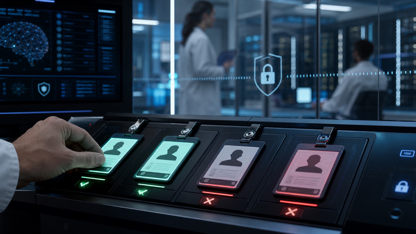 AI lab badge system showing some employee access cards approved and others blocked