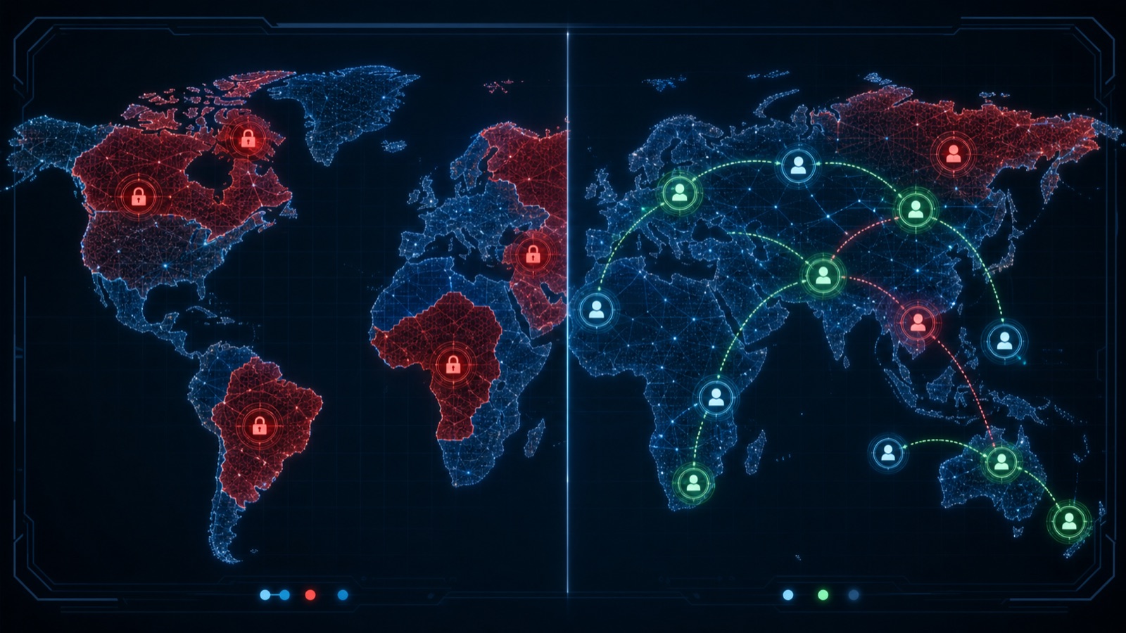 Global map contrasting location-based blocking with person-based AI model access control