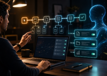 Cinematic workspace showing Codex converting a demonstrated workflow into reusable automation skills.