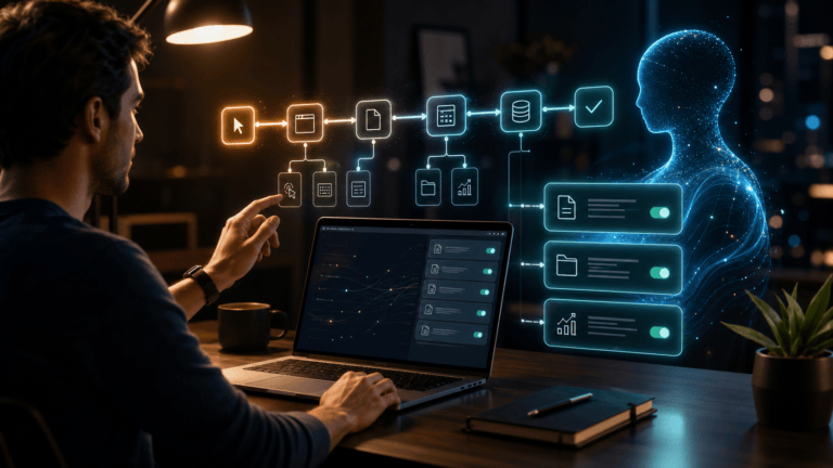 Cinematic workspace showing Codex converting a demonstrated workflow into reusable automation skills.