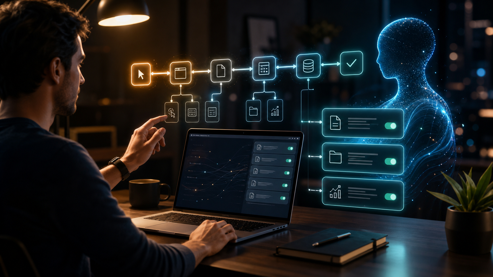 Cinematic workspace showing Codex converting a demonstrated workflow into reusable automation skills.