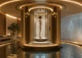 AI-generated editorial image of a futuristic full-body ultrasound scanner inside a luxury medical spa