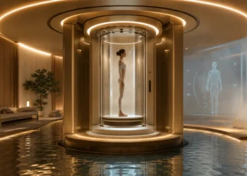 AI-generated editorial image of a futuristic full-body ultrasound scanner inside a luxury medical spa