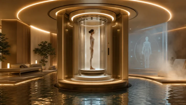 AI-generated editorial image of a futuristic full-body ultrasound scanner inside a luxury medical spa