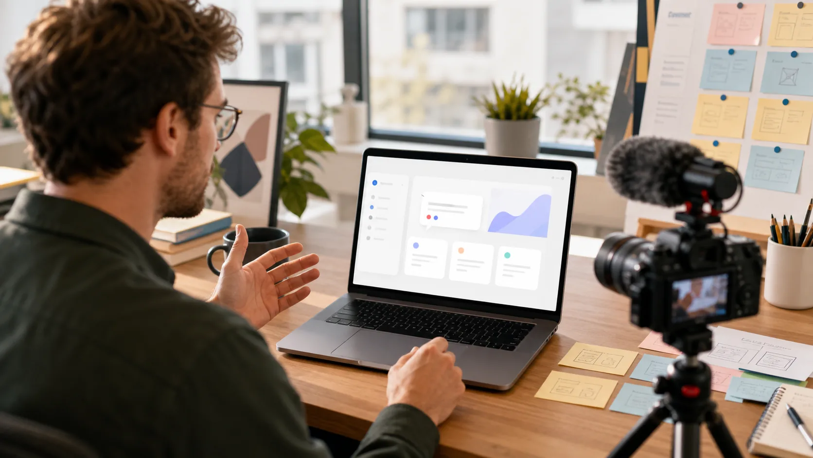 Founder recording an AI product walkthrough at a desk with a laptop, camera, microphone, and storyboard notes.