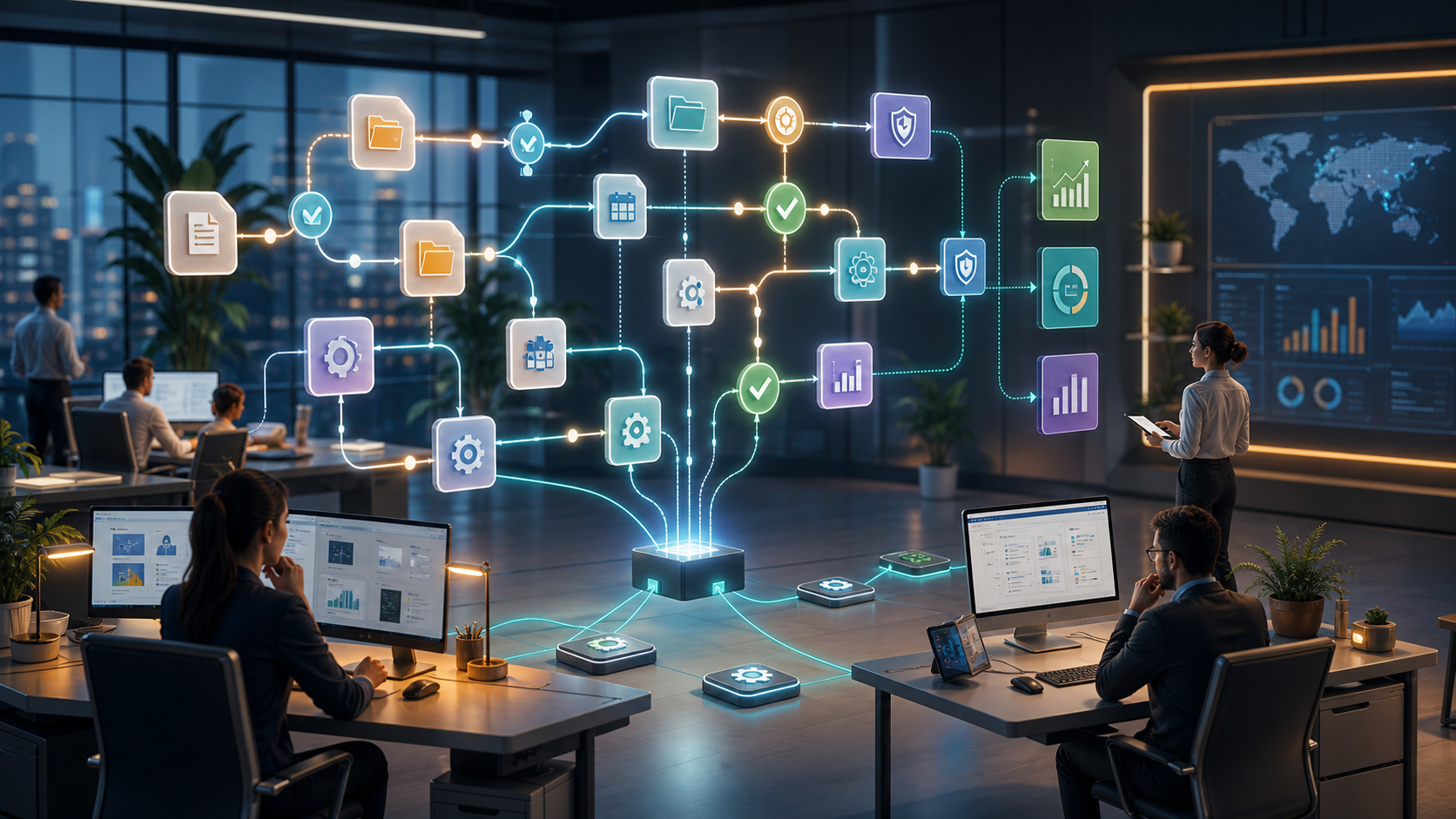 Illustration of future agentic workflows with reusable skills, approval gates, reports, and human supervisors.
