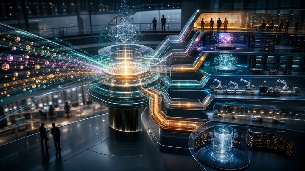 AI generated editorial image showing work streams routed through an enterprise AI decision layer into humans models agents automation and memory