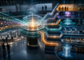AI generated editorial image showing work streams routed through an enterprise AI decision layer into humans models agents automation and memory