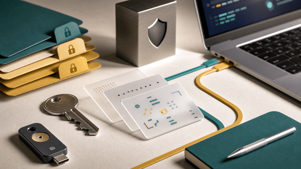 AI-generated editorial image showing secure bring-your-own-key workflow objects for AI coding teams, with a hardware key, access folders, and abstract API cards