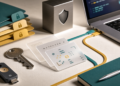 AI-generated editorial image showing secure bring-your-own-key workflow objects for AI coding teams, with a hardware key, access folders, and abstract API cards