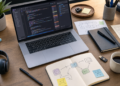 AI-generated editorial image showing a developer workbench for an AI coding agent provider workflow, with abstract unreadable code and agent handoff notes