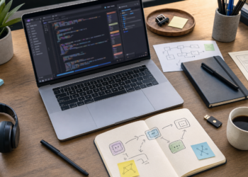 AI-generated editorial image showing a developer workbench for an AI coding agent provider workflow, with abstract unreadable code and agent handoff notes