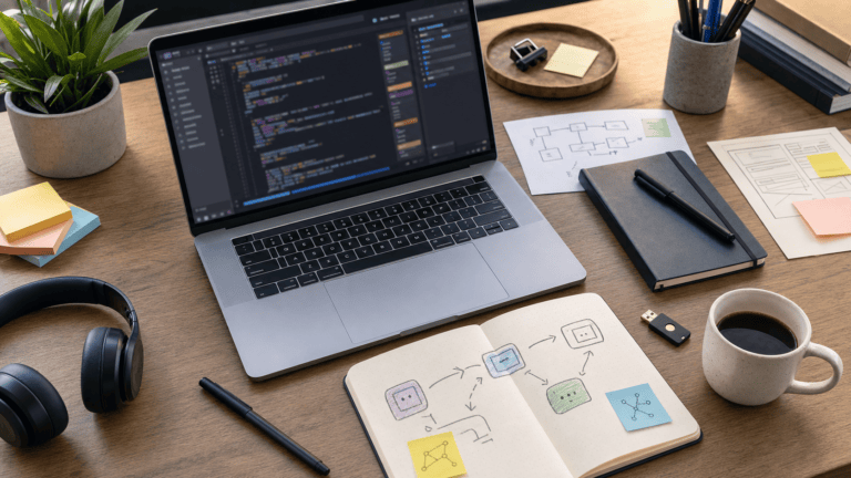 AI-generated editorial image showing a developer workbench for an AI coding agent provider workflow, with abstract unreadable code and agent handoff notes