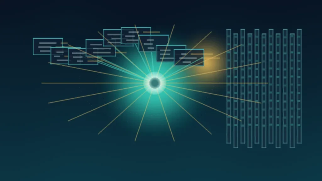 Abstract editorial illustration of GLM-5.2 as an open-weight 1M-context coding model processing code, docs, and agent workflows.