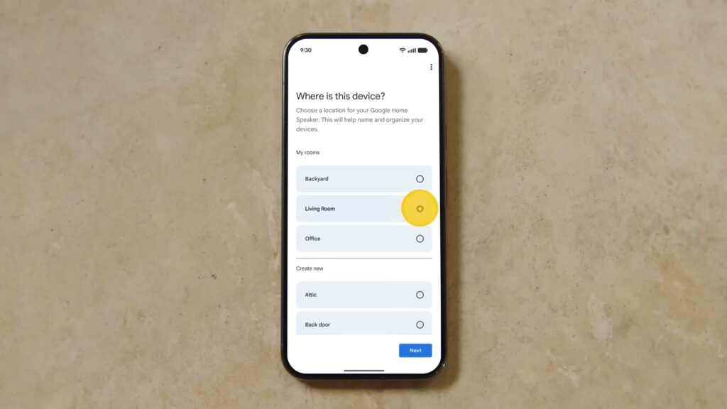 Google Home app asking which room should contain the Google Home Speaker during setup