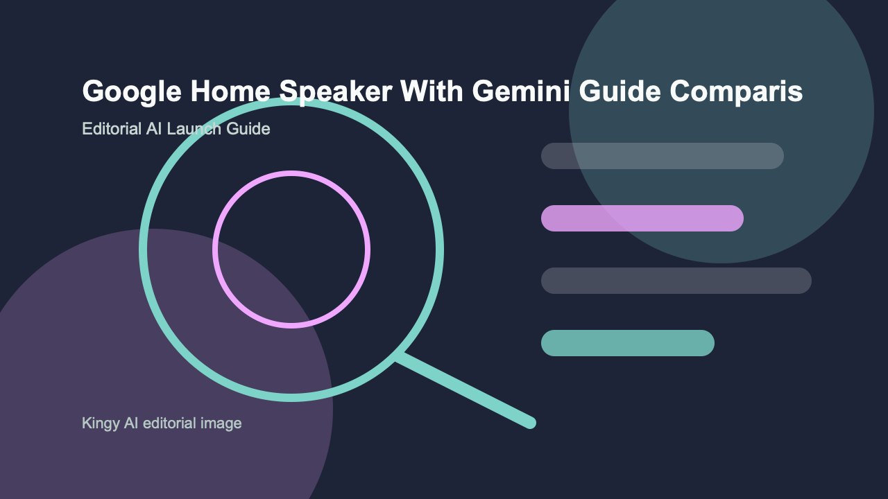 AI-generated editorial comparison image for Google Home Speaker with Gemini showing use cases, pricing, alternatives, and risks
