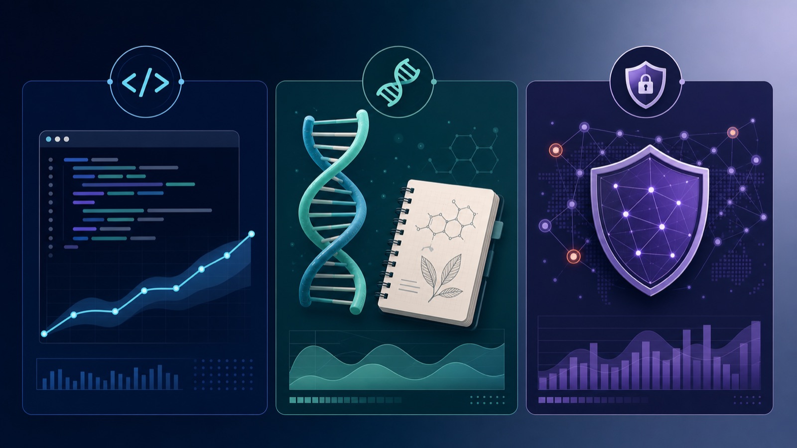 Three-panel benchmark graphic showing coding, biology, and cybersecurity evaluation categories