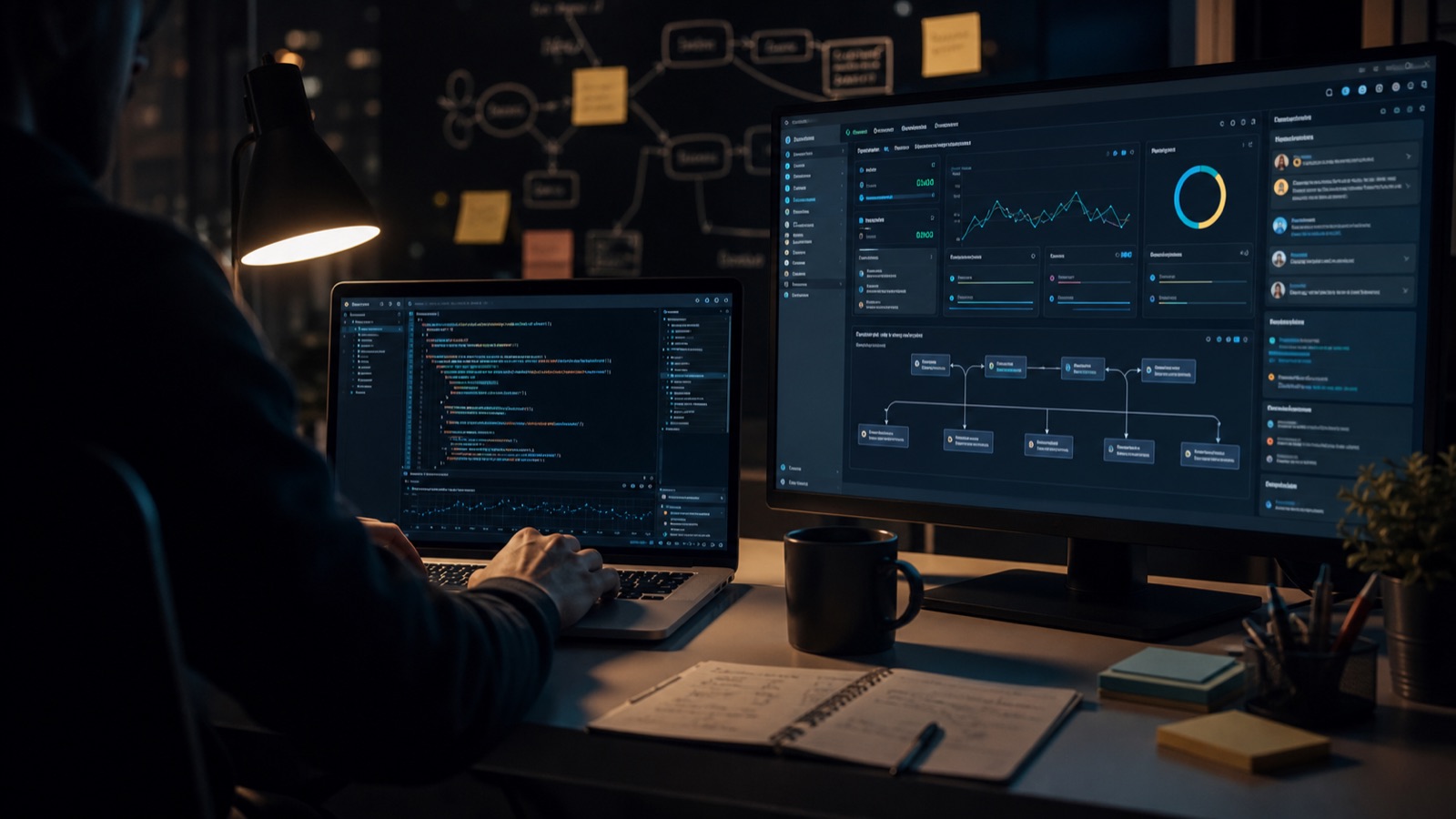 Developer workspace with AI coding terminal, API dashboard, and agent workflow screens