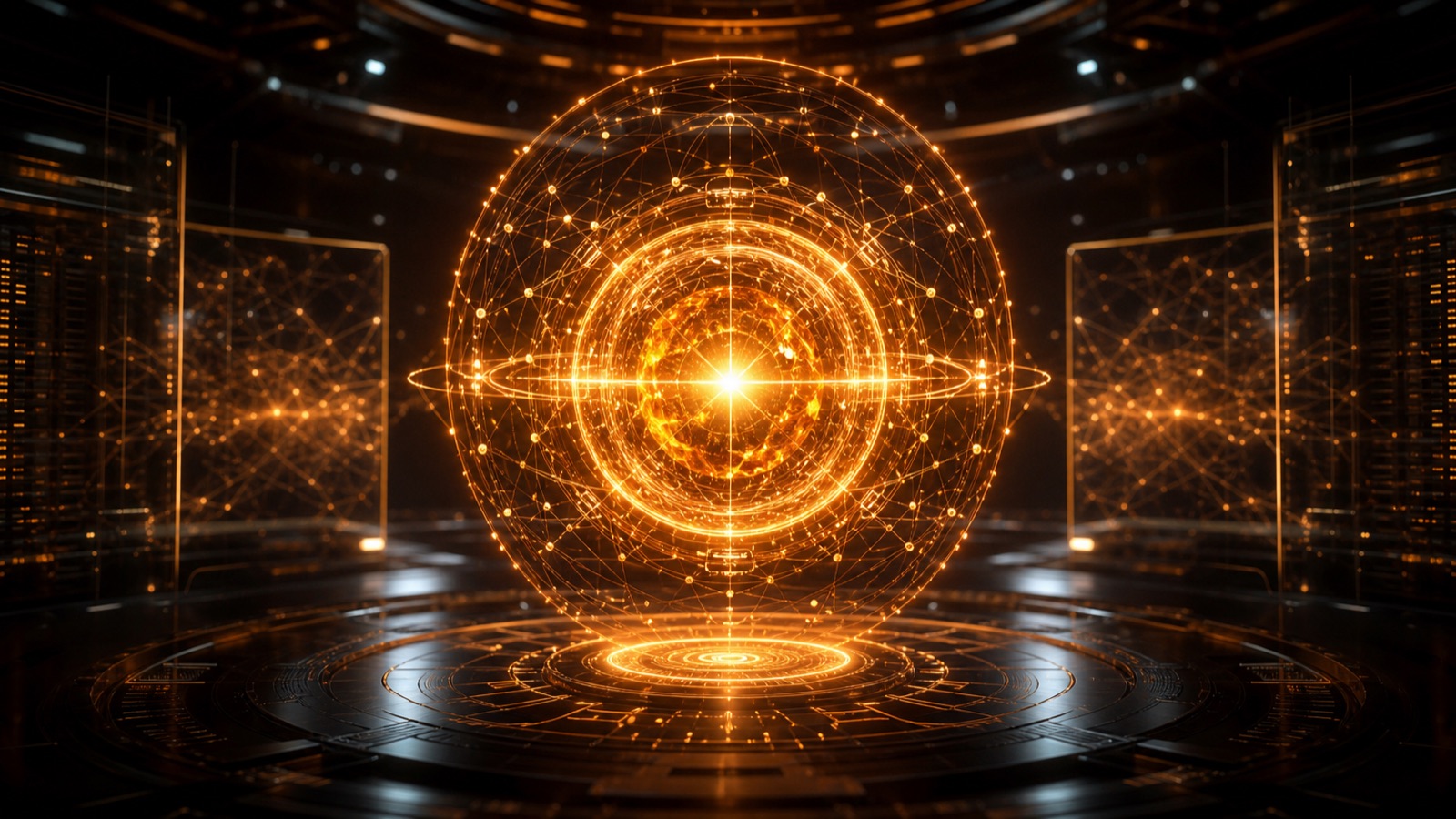 Glowing solar-themed AI model core representing GPT-5.6 Sol in a dark frontier AI lab