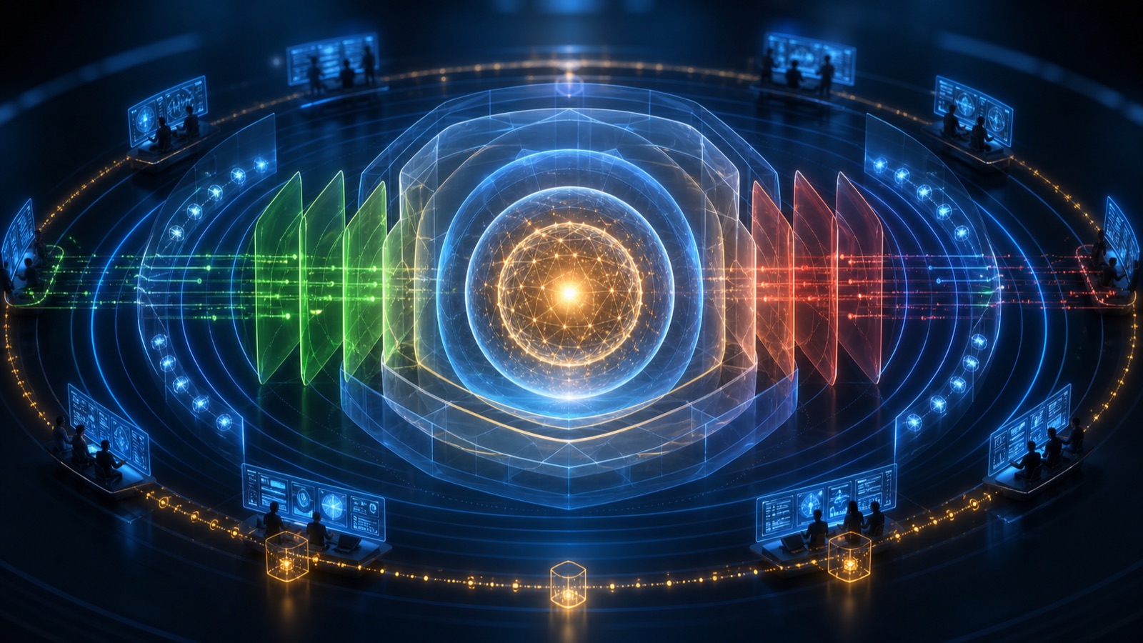 Layered AI safety stack with model core, shield layers, classifiers, monitoring, and enforcement review