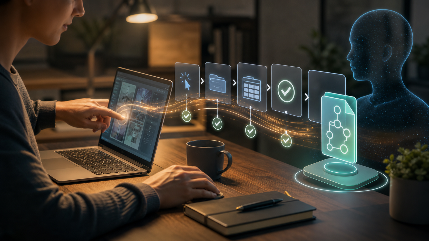 Illustration of a human teaching an AI workflow by demonstration.