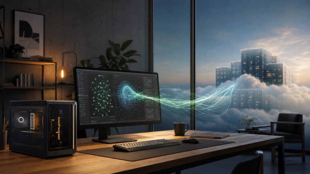 AI generated editorial image showing a local workstation connected to cloud infrastructure for a hybrid AI stack