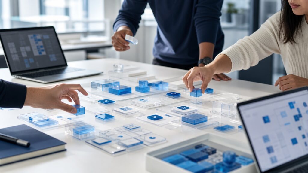 AI-generated editorial image showing hands assembling translucent enterprise app modules in a bright product lab, with no readable text.