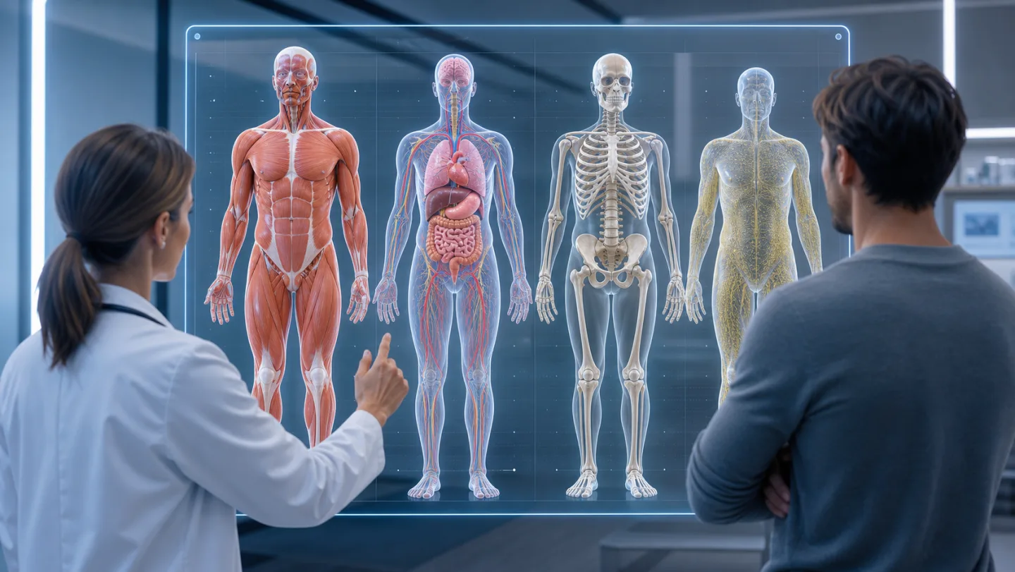 AI-generated image of a doctor and patient reviewing a full-body 3D scan with segmented muscle, organs, bone, and body composition layers