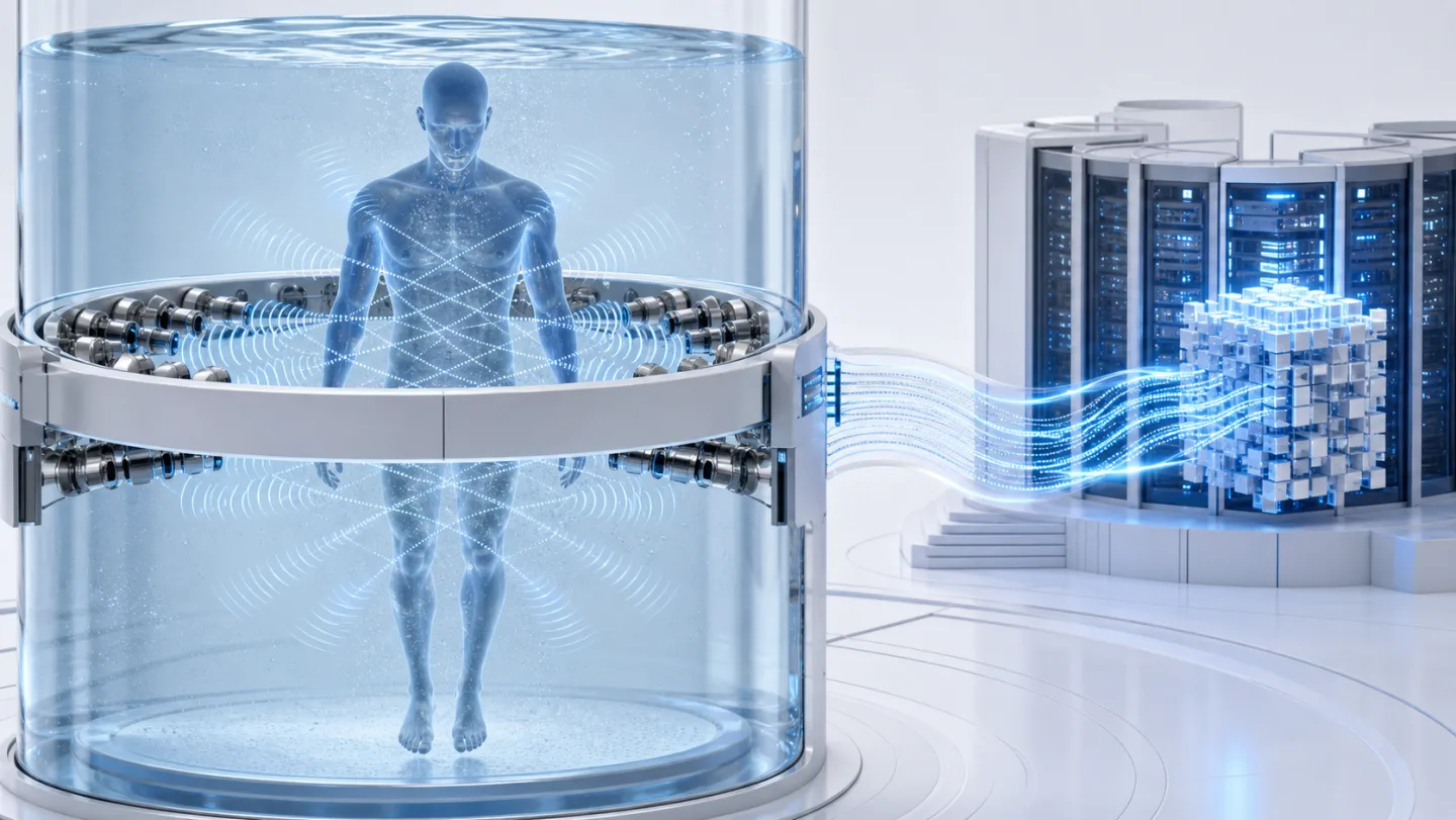 AI-generated technical illustration of a person descending through an underwater ultrasound sensor ring while data flows to a compute cluster