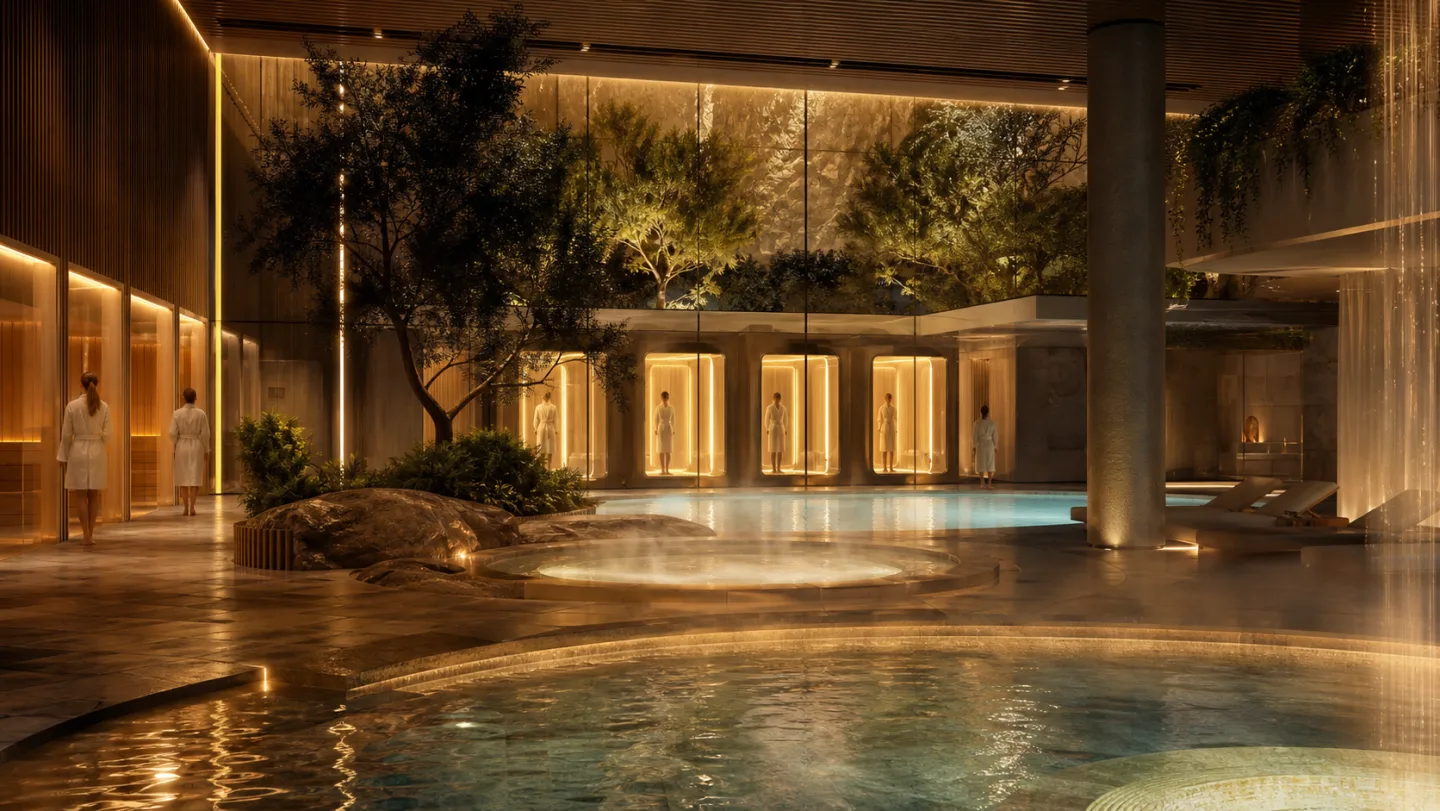 AI-generated image of a luxury future wellness spa with warm pools, saunas, and discreet full-body scanning rooms