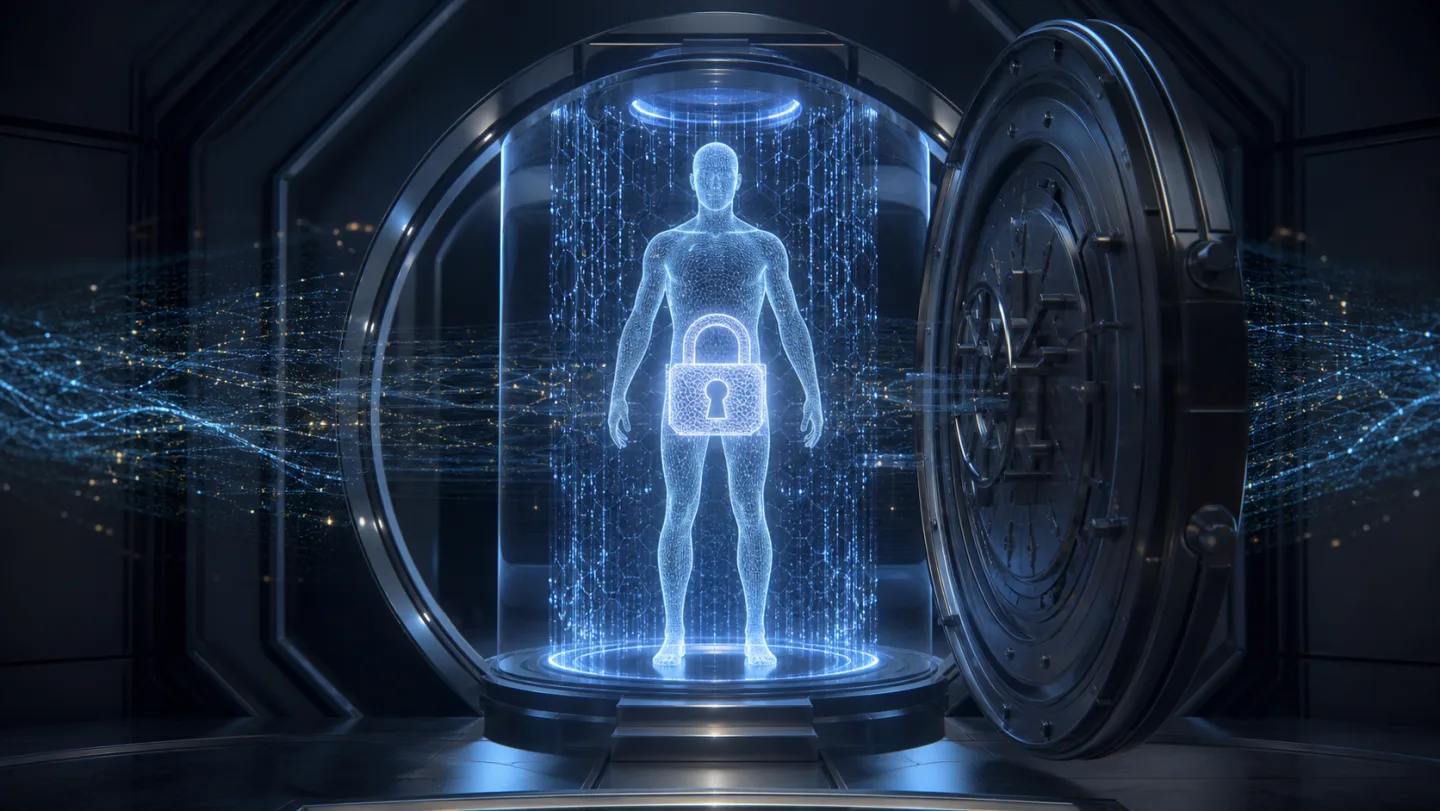 AI-generated editorial image of an encrypted full-body scan inside a secure digital vault