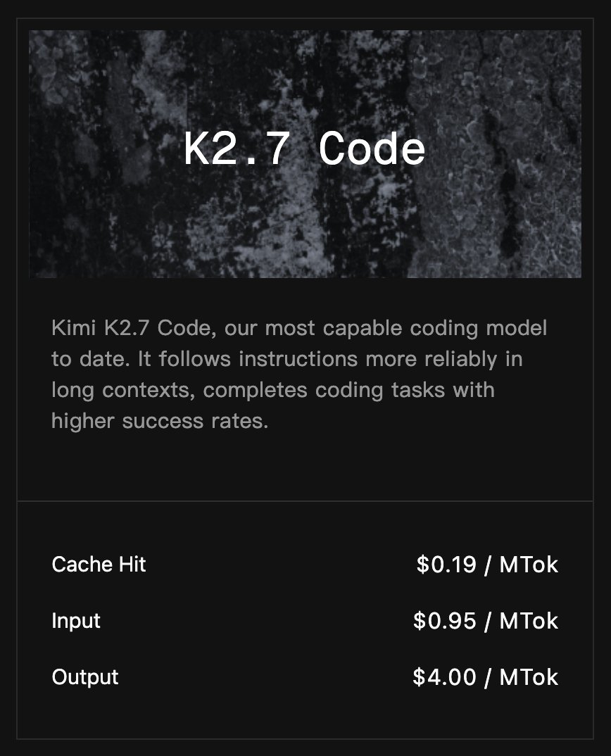 Official Kimi K2.7 Code pricing card showing cache hit input and output prices