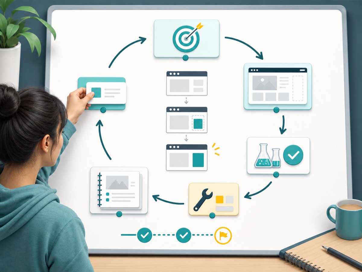AI generated editorial image showing a beginner-safe build loop with planning, building, testing, fixing, documenting, and repeating.